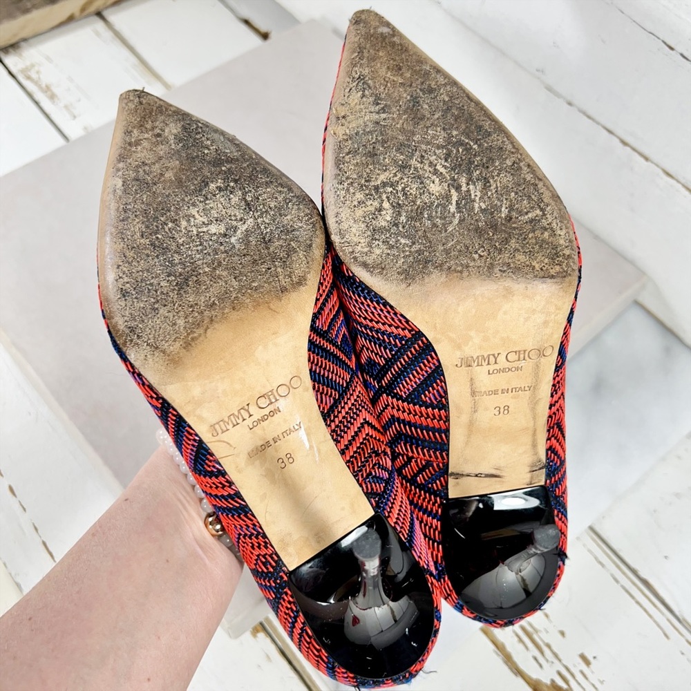Jimmy Choo Red & Navy Geometric Pattern Woven Pointed Toe Heels - Picture 7 of 7